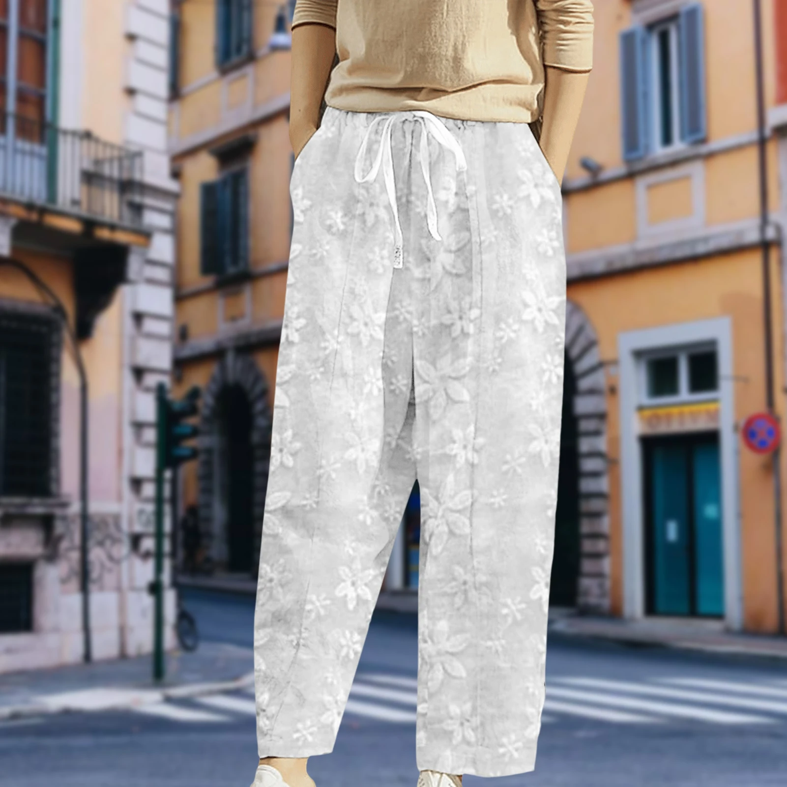

Pencil Pants Floral Embroidered Summer Long Pants Cotton Linen Women Casual Tie Up Elastic Waisted Loose Fit Vacation Outfit