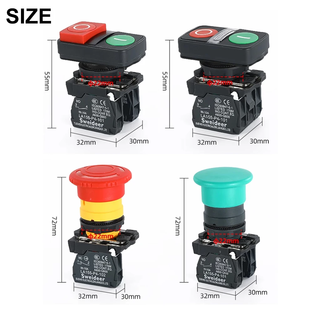 XB4 22mm Emergency Stop Button Switch Double with Light Momentary Self Reset Mushroom Power Push 10A