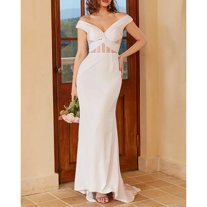 

Women's Off Shoulder Mermaid Wedding Dresses for Bride with Sweep Train Elegant Satin Wedding Bridal Gowns Custom Made