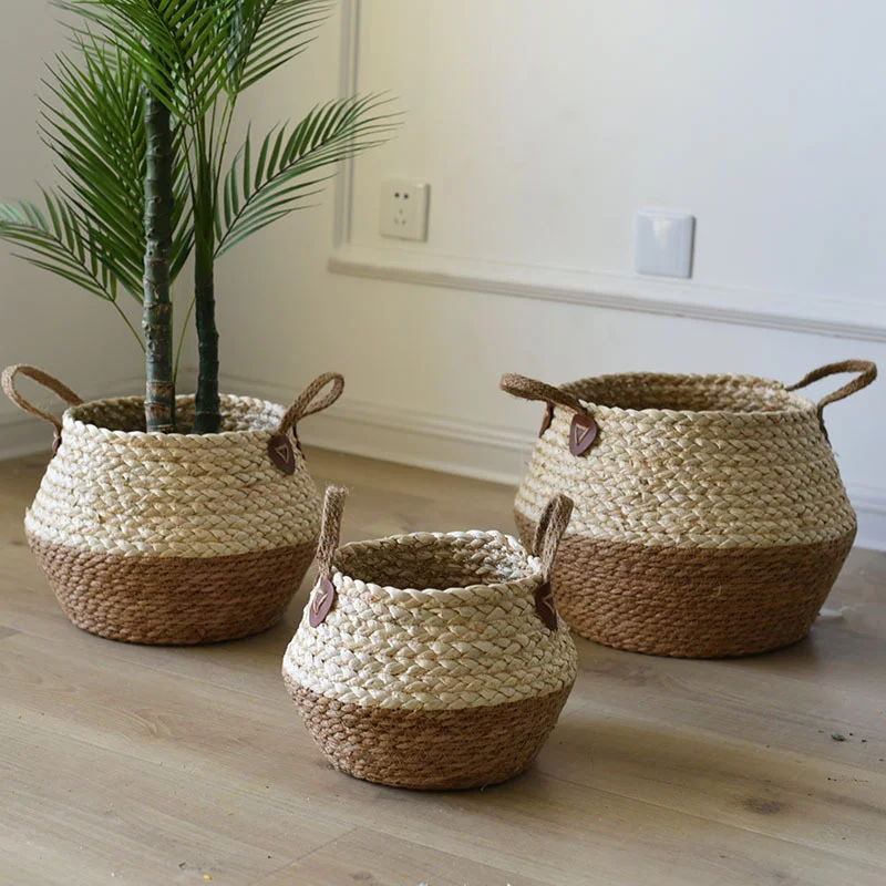 

Woven Qingqian Straw Corn Rope Storage Basket Dirty Clothes Basket Landing Bamboo Basket Sundries Basket rattan hanging basket