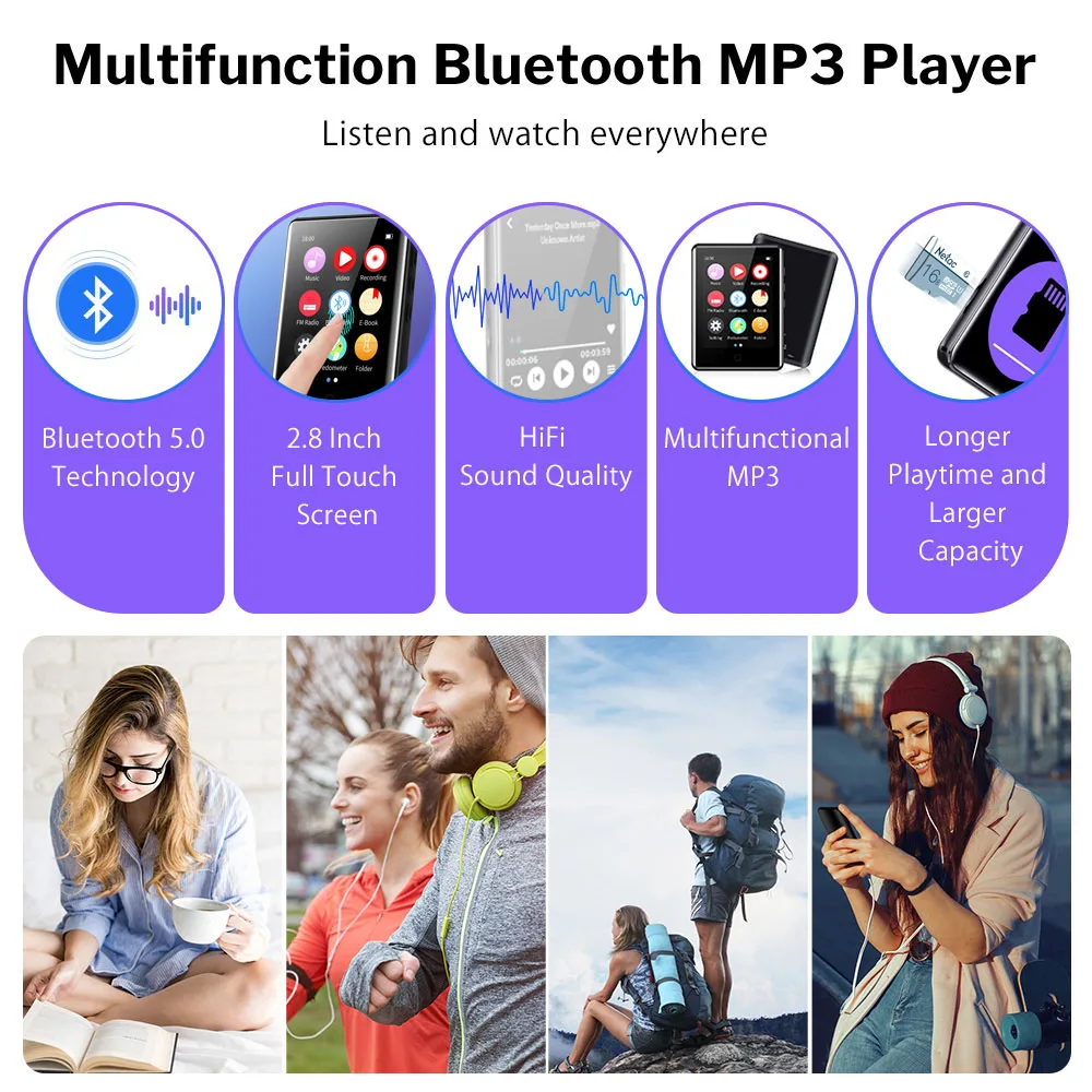 Deelife MP3 Player Bluetooth 5.0 Touch Screen Music Play Built-in Speaker 16GB Support FM Radio Recording Pedometer MP 3 images - 6