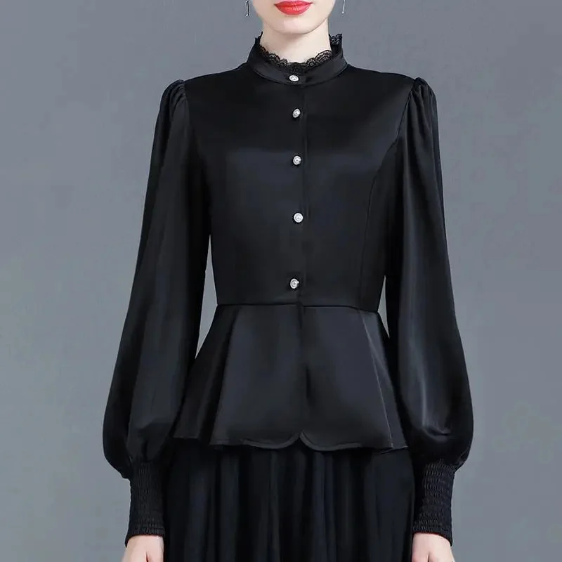 Рубашка Женская атласная с длинным рукавом блузка подвеской в виде листьев