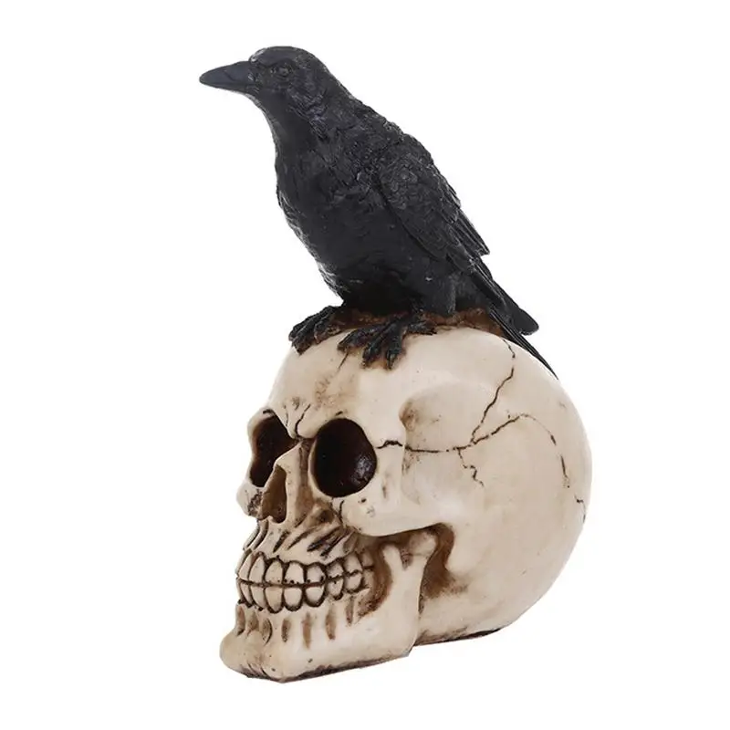

Halloween Skull Crow Ornament Realistic Gothic Bird Perching On Skeleton Figurine For Room Decor Halloween Decoration