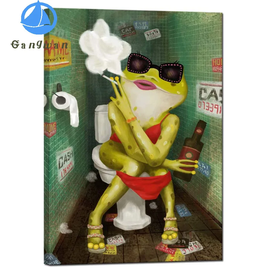 

diamond painting cross stitch Fun bathroom full drill abstract frog smoking and drinking water on toilet wall picture decor