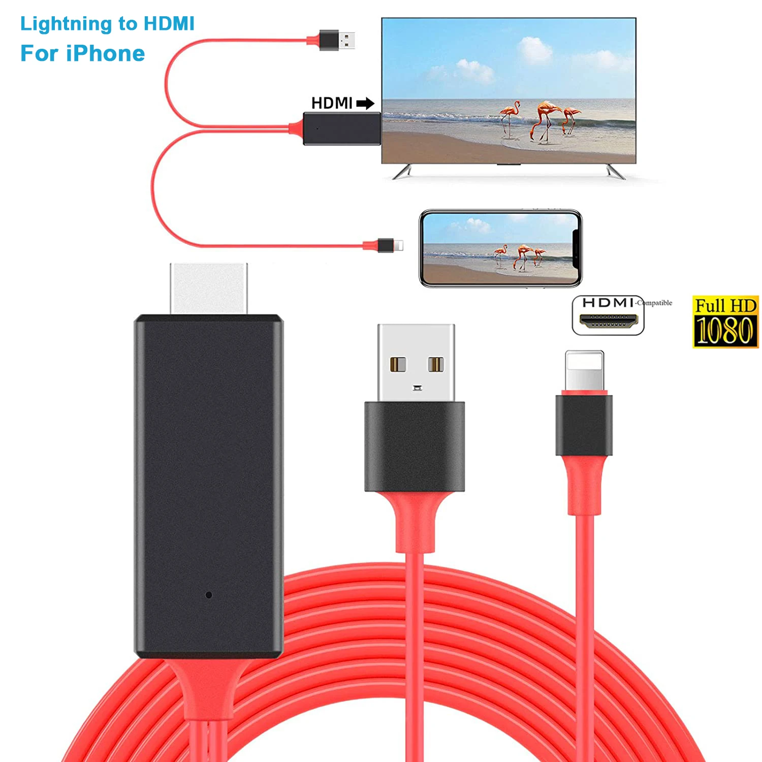 

Lightning to HDMI Cable Adapter for iPhone iPad,1080p HDTV AV Connector Cable for iPhone 12/11/XS/X/8/7 to TV Projector Monitor