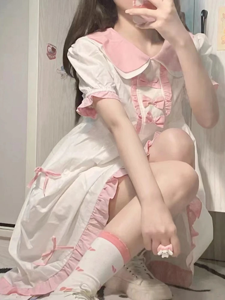 

Женское мини-платье в японском стиле, с коротким рукавом и бантом