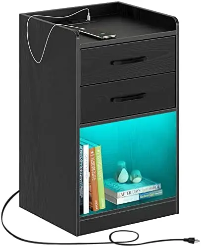 

with Charging Station and LED Lights, Modern Design End Side Table with 2 Drawers, Nightstand Open Compartment for Bedroom, Blac