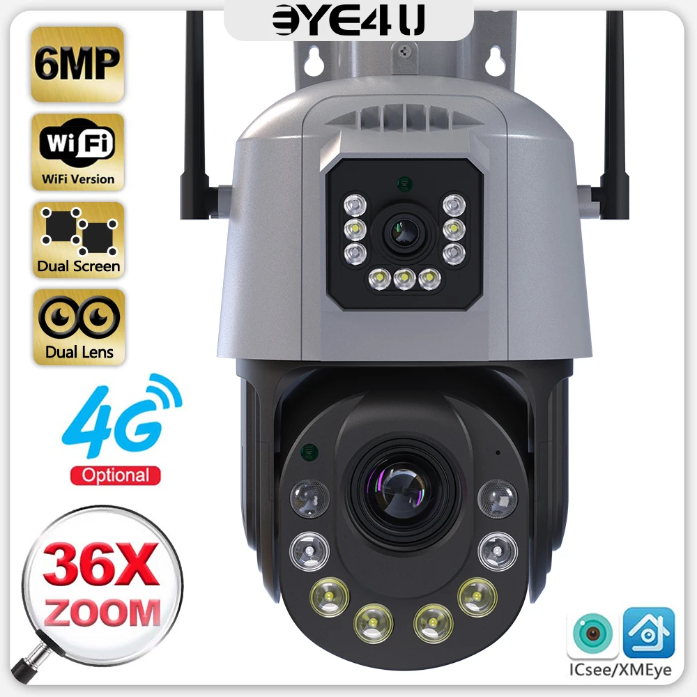 

6MP WiFi IP Camera Outdoor Dual Lens Dual Screen 36X Zoom Human Detection CCTV Surveillance 4G Cameras Security Protection ICsee