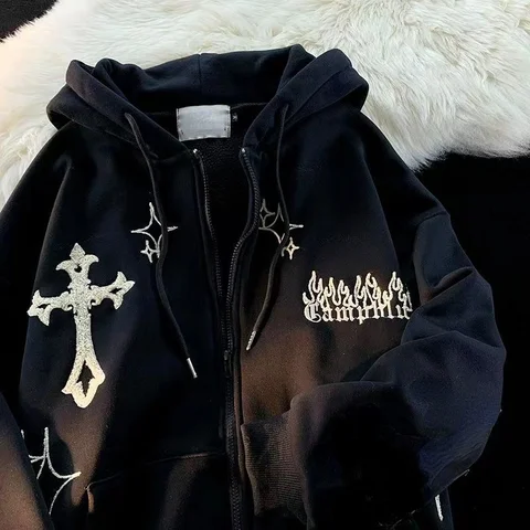 Gothic Embroidery Hoodies Women Retro Harajuku Hip Hop Jacket High Street Zip Up Hoodie Casual Loose Sweatshirt Clothes Y2K Tops