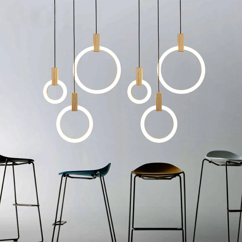 

Modern Nordic LED Wooden Pendant Light Acrylic Ring Indoor Lighting Fixtures Bedroom Living Room Home Study Restaurant Lamps