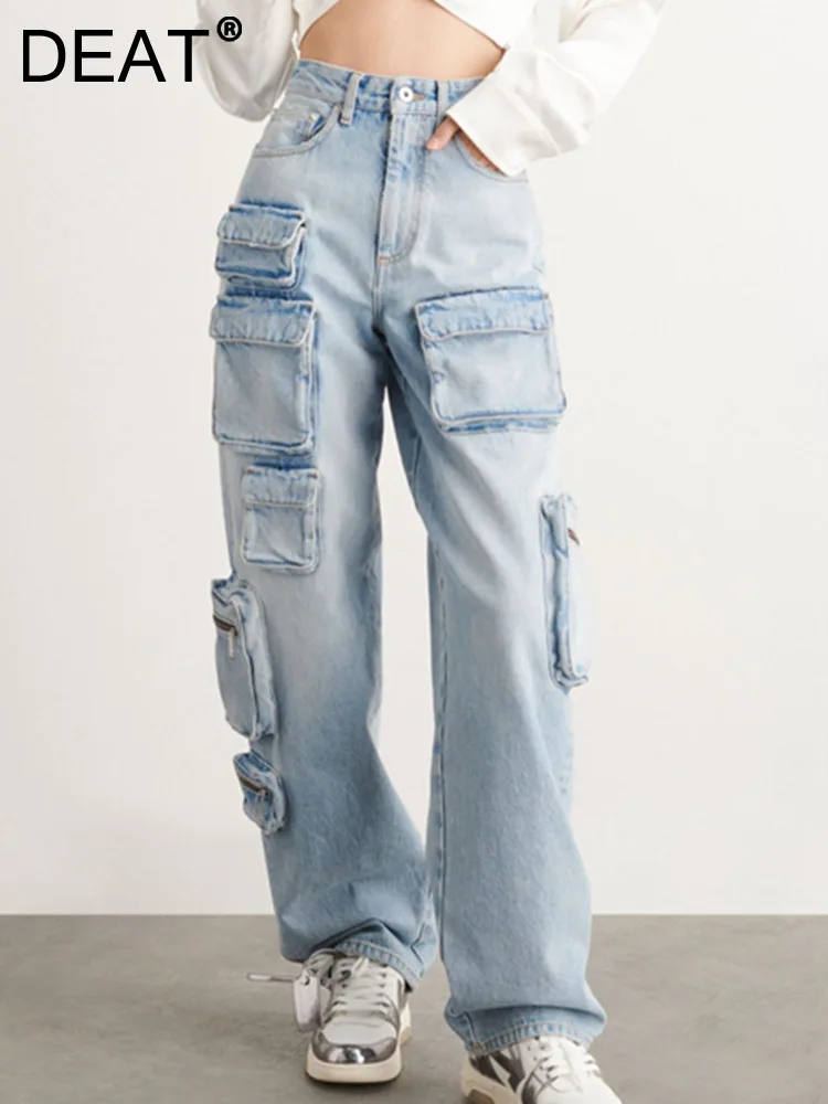

DEAT Fashion Women's Denim Trousers High Waist Loose Multiple Pockets Button Solid Color Washed Jeans Spring 2023 New 17A5578