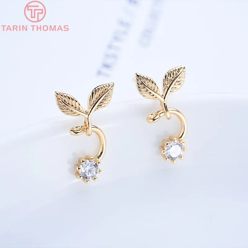 (2468) 6 шт. 8x15 мм 24-каратное золото латунь с цирконом два листа серьги-гвоздики