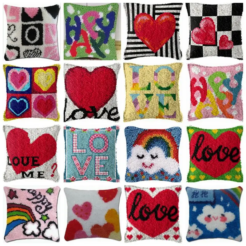 

Latch Hook Cushion Kits Love & Heart Pillow Case Crochet Hobby & Crafts DIY Yarn for Embroidery Cushion Cover Sofa Bed Pillows