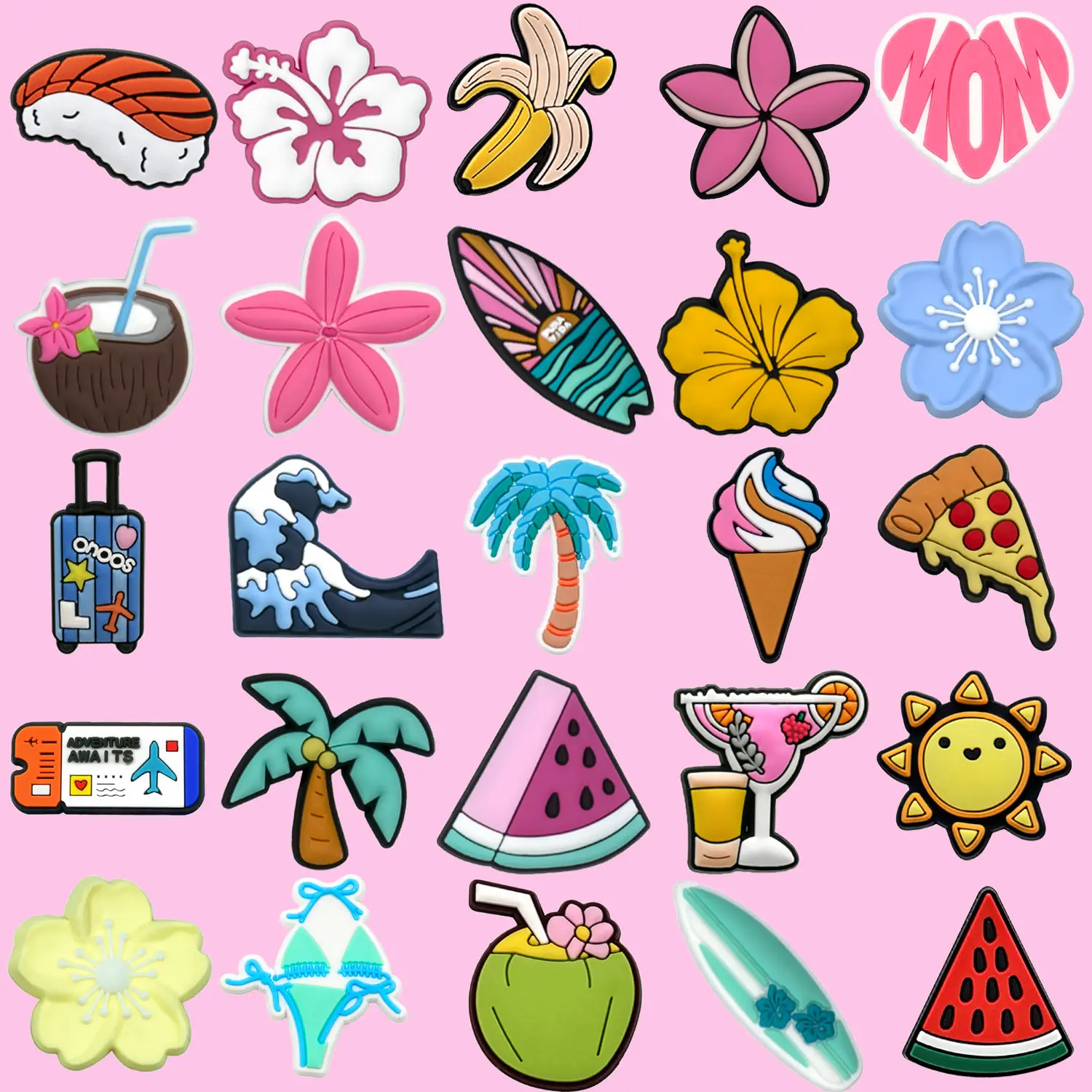 1/25 pièces rose fleur coeur pastèque chaussures breloques avion billet bagages chaussure décoration broches pour femmes Pizza banane sabot jean