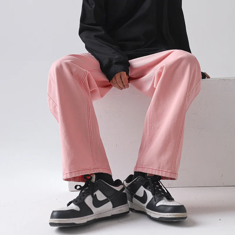 Pink Jeans Men Fashion Cotton Casual Baggy Straight Jeans Men Streetwear Loose Hip Hop Denim Pants Mens Trousers M-2XL