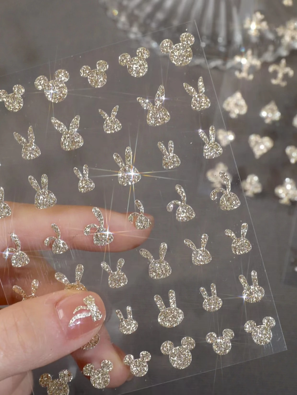 

3D Glitter French Nail Manicure Stickers Silver Champagne gold Bowknot Bunny Design Sparkly Wave Decor Manicure Powder Decals