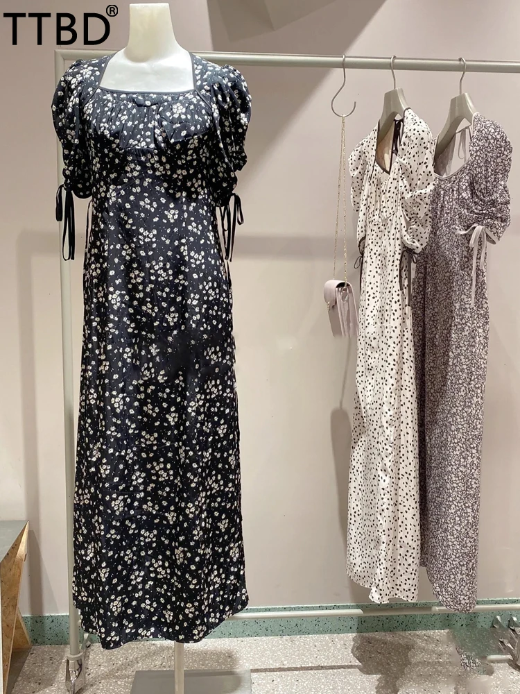 

TTBD women's summer french square neck polka dot print midi dress women elegant lapel puff sleeves backless dresses woman robe