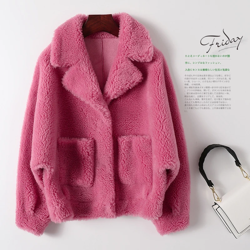 Women's Autumn Winter Wool Real Fur Coats Female Thick Warm Elegant Long Sleeve Jackets Granular Sheep Shearing Outwear E638