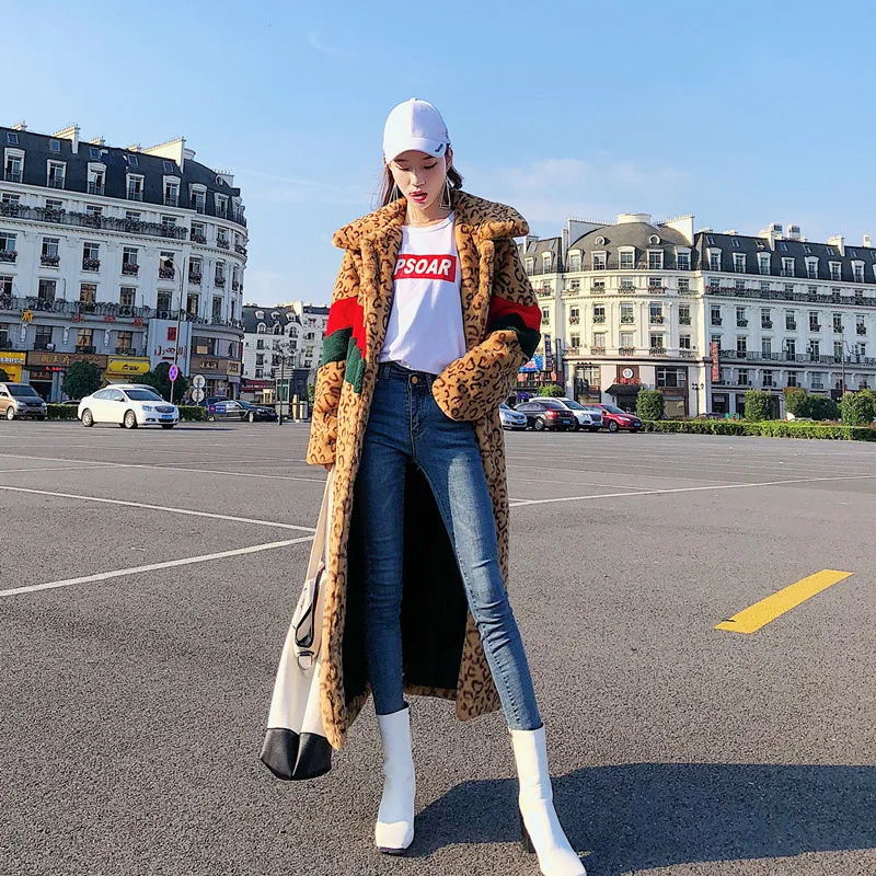 Winter Women's Faux Fur Coat Oversized Super Hot Coats Parkas Thickened Long Faux-fur Jacket Leopard Print Loose New