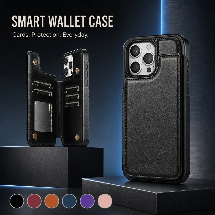Фото Кошелек с RFID-защитой, антикражный магнитный кожаный чехол для iPhone 18 Pro Max 18 Pro, ударопрочный защитный чехол. №1
