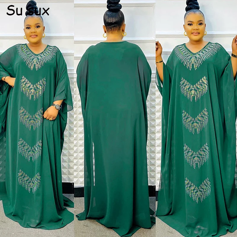 

Chiffon 2 Piece Maxi Dress African Dresses For Women Traditional Ghana 2023 Autumn Plus Size Sequins V Neck Robe Africains Femme