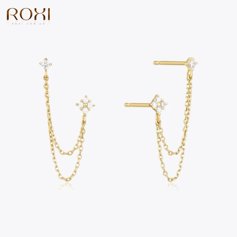 ROXI Tassel Chain Crystal Double Ear Stud Earrings For Women 925 Sterling Silver Piercing Earrings Jewelry Ins Pendientes Aretes