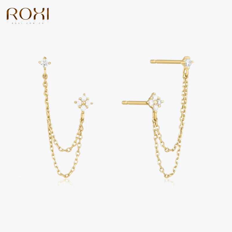 

ROXI Tassel Chain Crystal Double Ear Stud Earrings For Women 925 Sterling Silver Piercing Earrings Jewelry Ins Pendientes Aretes