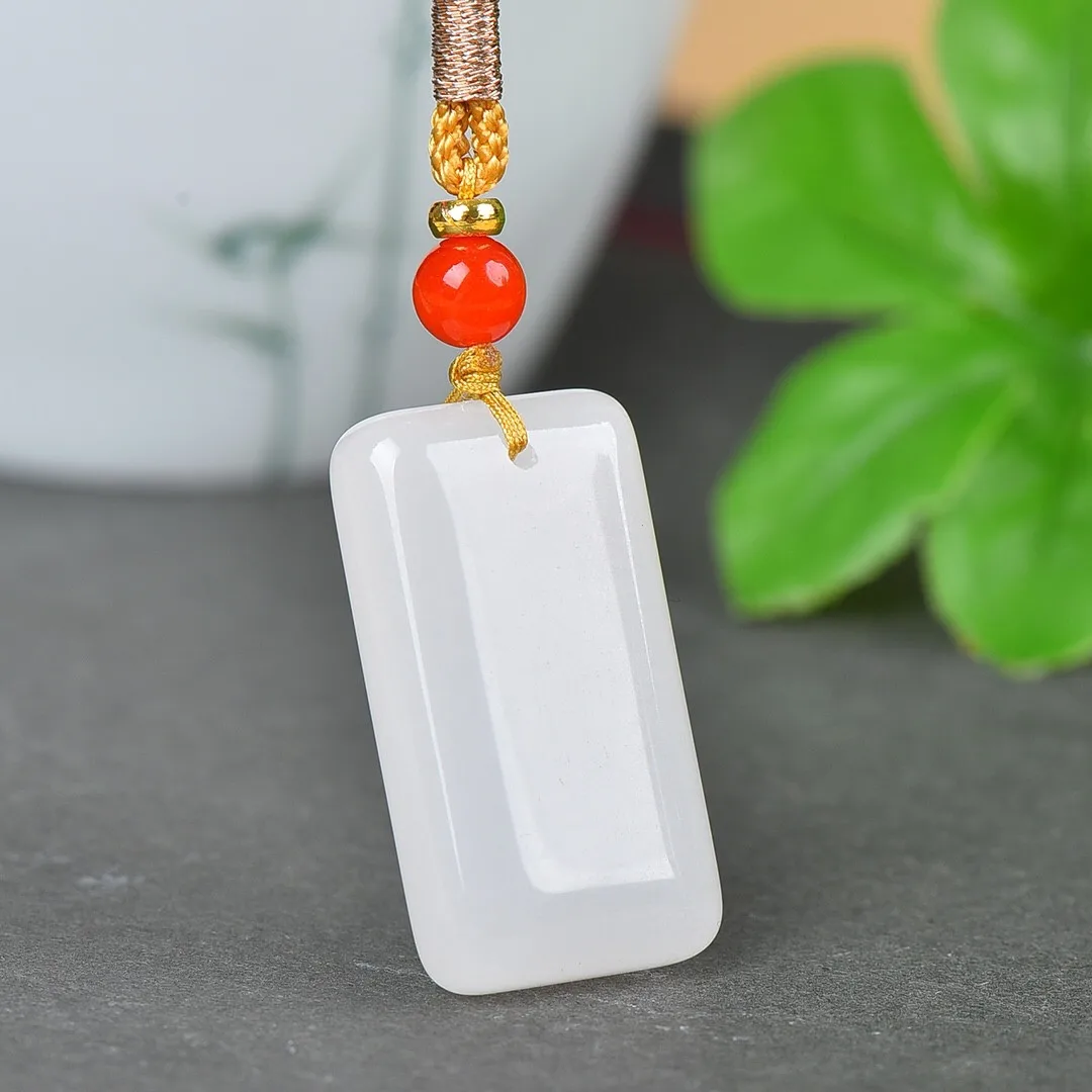 

18*30mm Natural White Jade Rectangular Pendant With Rope Chain Genuine Nephrite Hetian Jades Charms Necklace Women Lucky Amulet