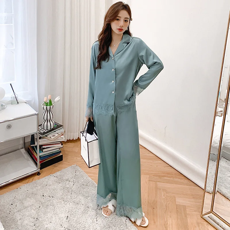 Lace Women Pajamas Turndown Collar Pocket Long Sleeve Casual Pants 2 Piece Set Sleepwear Female Home Suit Sets Nightwear
