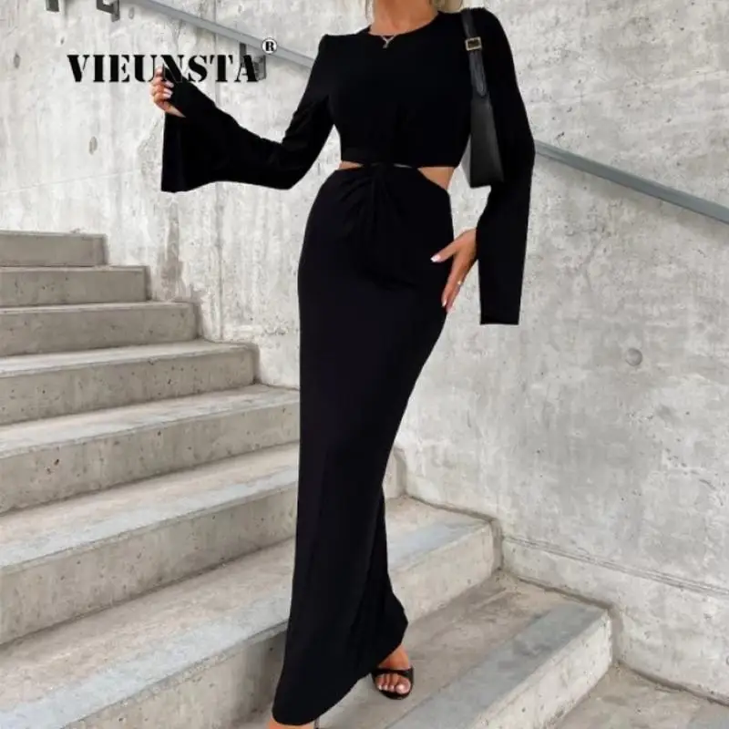 

Женское сексуальное однотонное платье макси в стиле High Street, Элегантное Длинное Платье с вырезом на талии и длинным рукавом, женское элегантное платье с разрезом