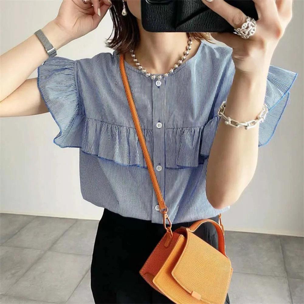 

Blouse Striped Wavy Ruffled Crinkled Fungus Shirt Loose Slim Elegant Chic 2022 Summer New Ladies Top Korea Japan