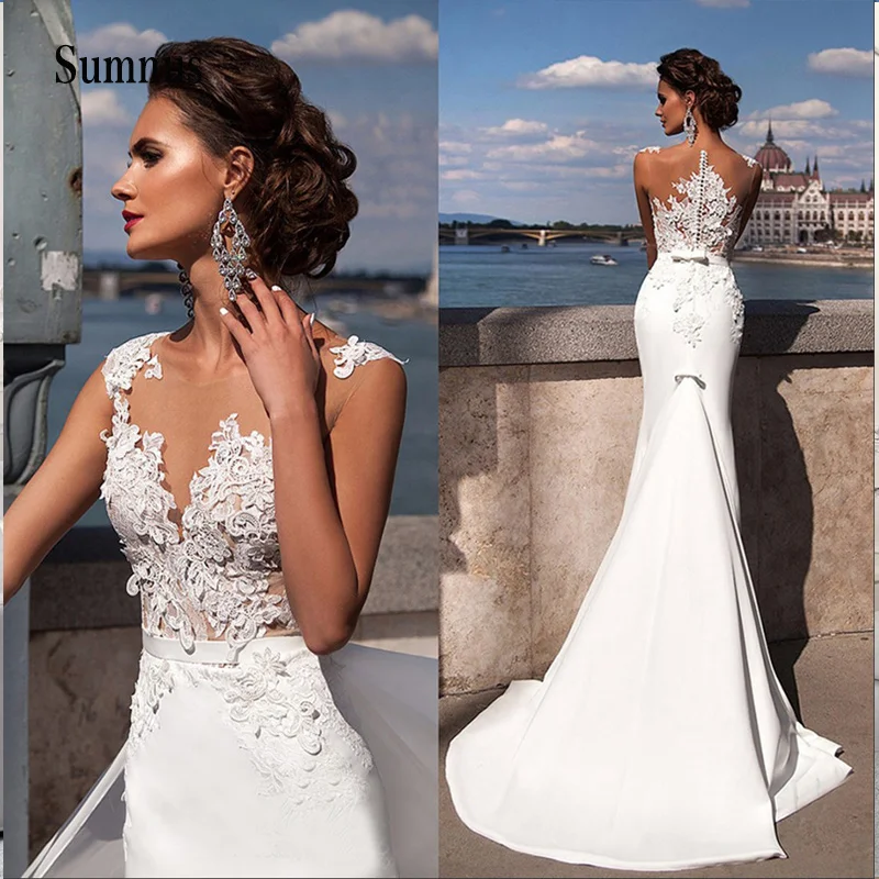 

Luxury Lace Appliques Princess Wedding Dress V-neck Royal Satin Back Illusion Tulle Long Train Bride Gown Elegant Gelinlik