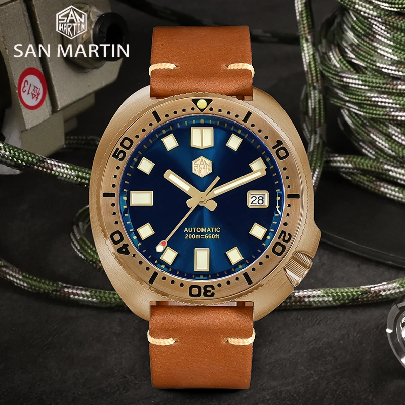 

Часы San Martin механические водонепроницаемые, роскошные ретро-часы для дайвинга под бронзу, 44 мм, с сапфиром, 20 бар, NH35A