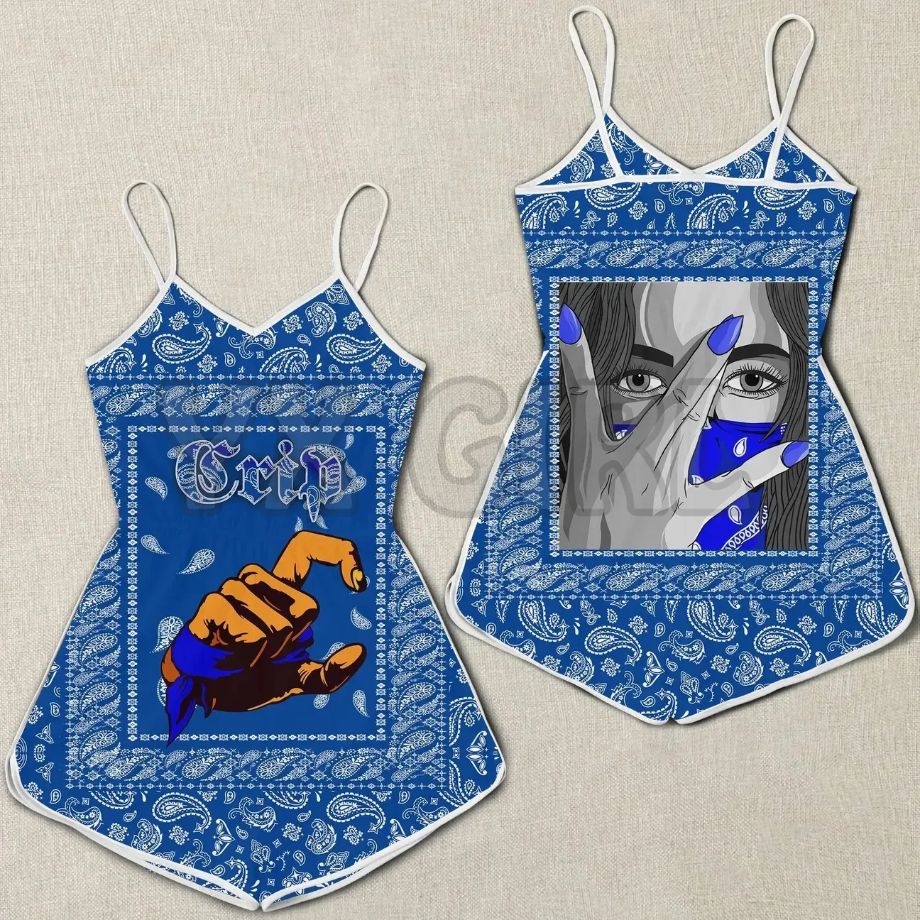 YX GIRL Crips Girl Women Rompers Blue Bandana  3D All Over Printed Rompers Summer Women's Bohemia Clothes