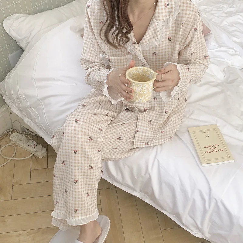 Pajamas Set for Women Plaid Cherry Print Sleepwear Lapel Lace Pijama Female Loungewear Long Sleeve Autumn Pyjamas Suit