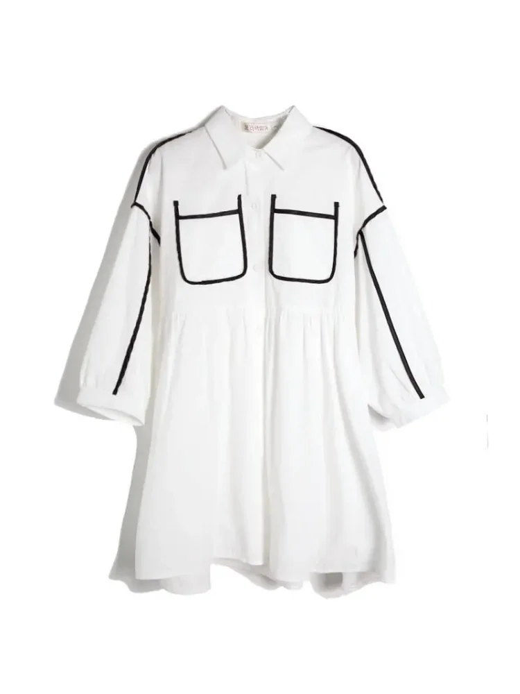 

Deeptown Korean Fashion Casual White Shirt Dress Women Elegant Chic One Pieces High Waist Polo Collar Long Sleeve Mini Dresses