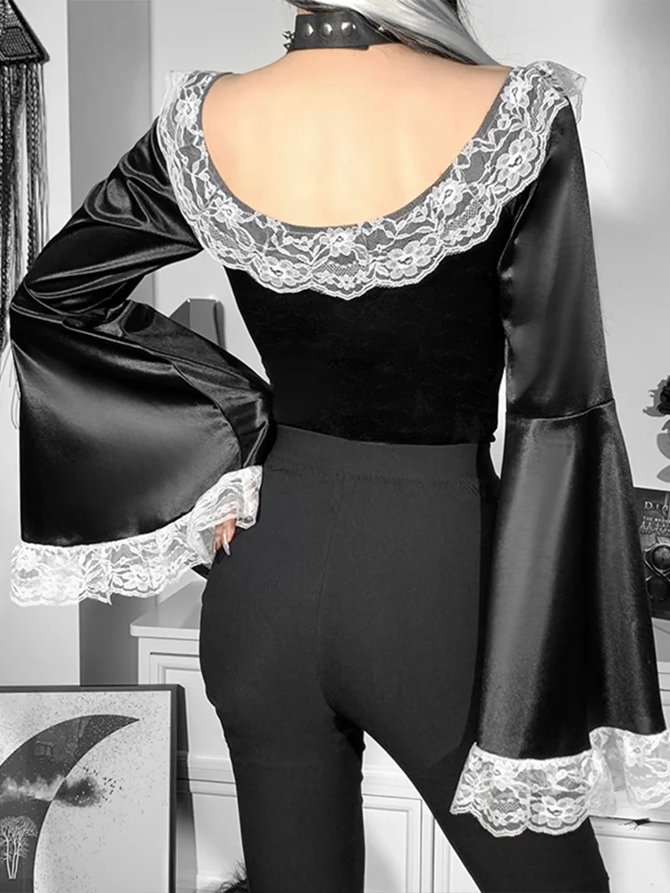 Сексуальное черное боди с лентами InsGoth Mall эстетичный кружевной комбинезон