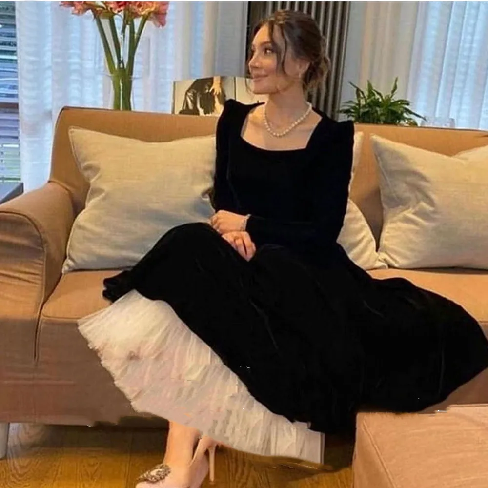 

Classic Black Velvet A Line Evening Dresses Modest Long Sleeves Square White Tulle Women Formal Prom Dress Party Gown