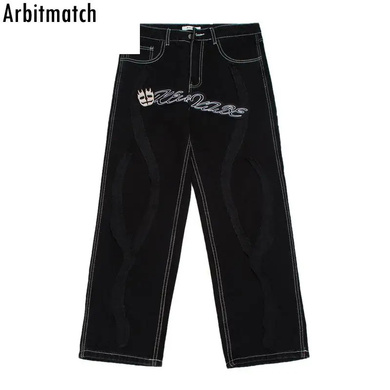 

2022 casual pants men's Retro skull letter embroidery pants Gothic jeans fashion loose straight wide leg pants men's jeans