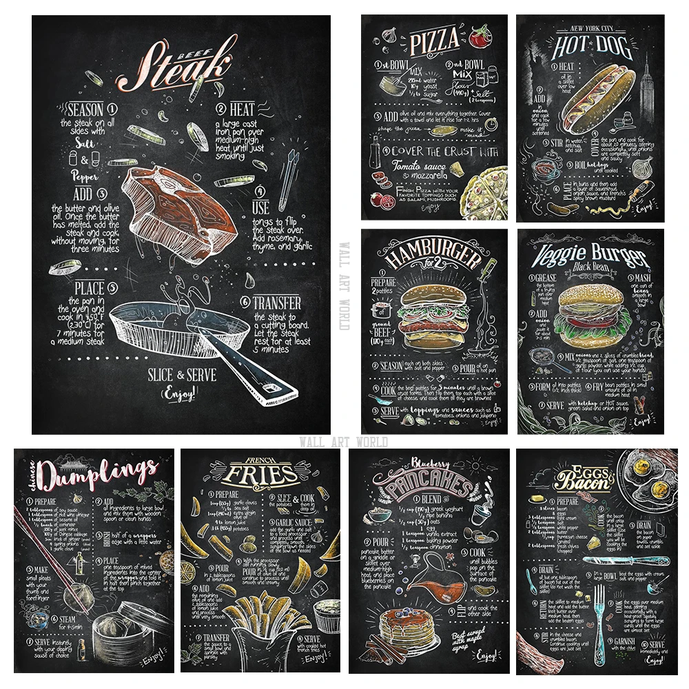 

Hamburger Fries Hot Dog Steak Pizza Poster Prints Canvas Wall Art Classic Foodie Cuisine for Kitchen Dining Room Home Decor