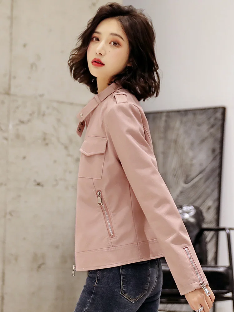 New Women Chic Pink Leather Jacket Spring Autumn Fashion Stand Collar Slim Short Sheepskin Jacket Split Leather Biker Outerwear