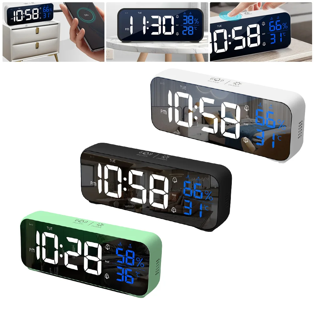 

Digital Alarm Clock Temperature Date LED Display Mirror Desk Clocks Home Deocr Bedroom Music Electronic Table Clock