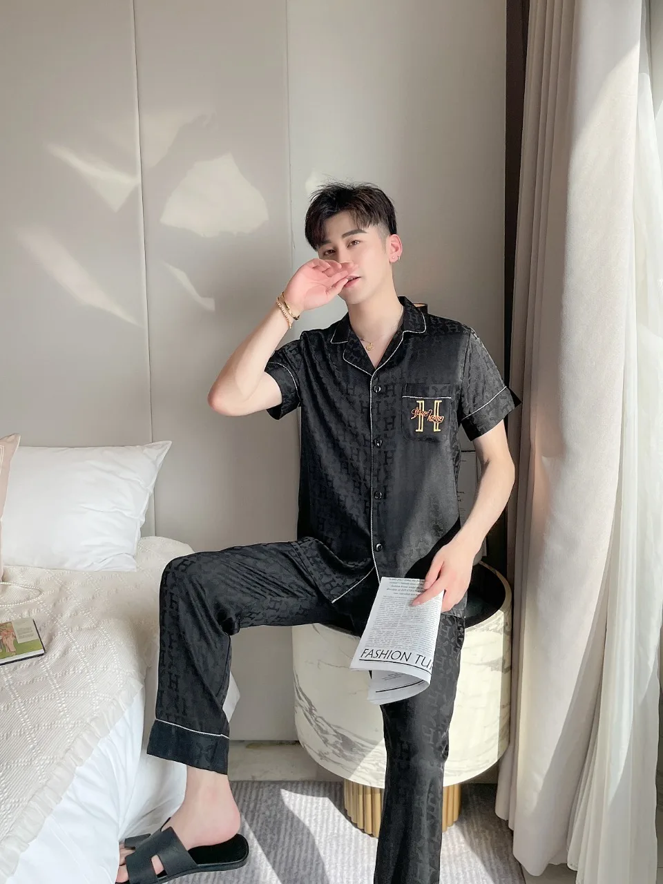 [Women's pajamas] [high-quality]2023 New Couple Pajamas Spring/Summer Ice Silk Imitation Silk Thin Sweet Home Fur Set