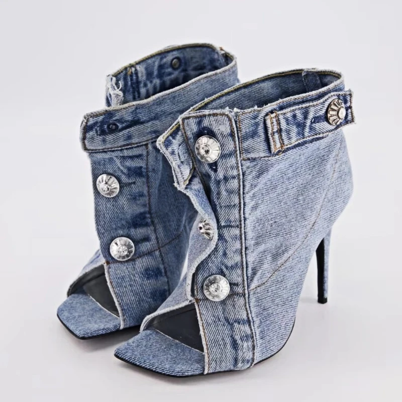 2023  Summer Brand New Pocket Design Fashion Denim High Heel Sandals Popular Charming Woman Shoes Comfort Slippers Big Size 43