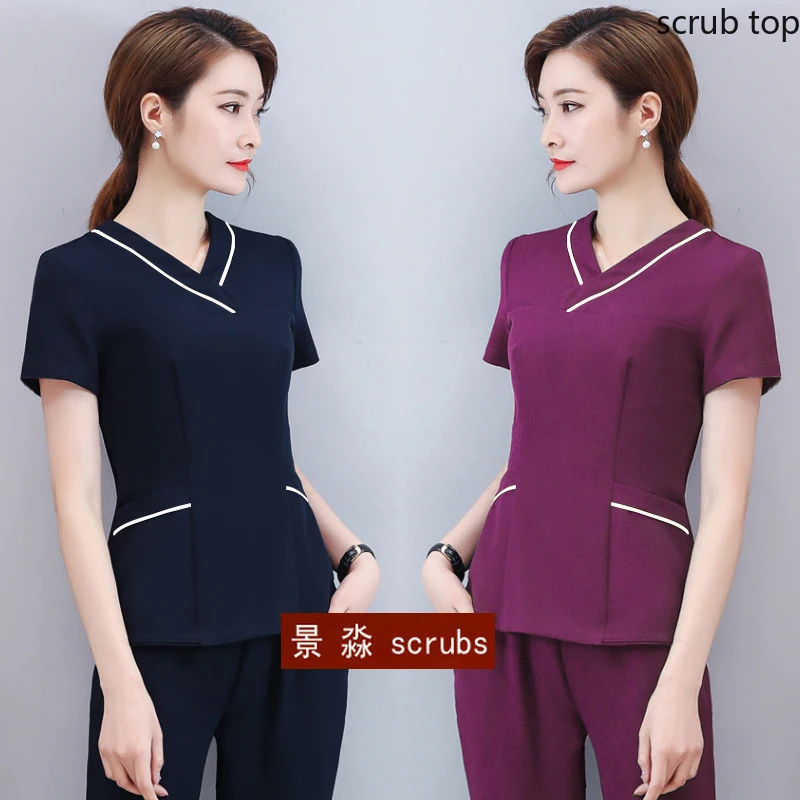 Women Scrub Top Cross Collar Nurse Uniform Short Sleeve Medical Clothes Slim Doctor Workwear Cotton Surgical Costume Dentistry