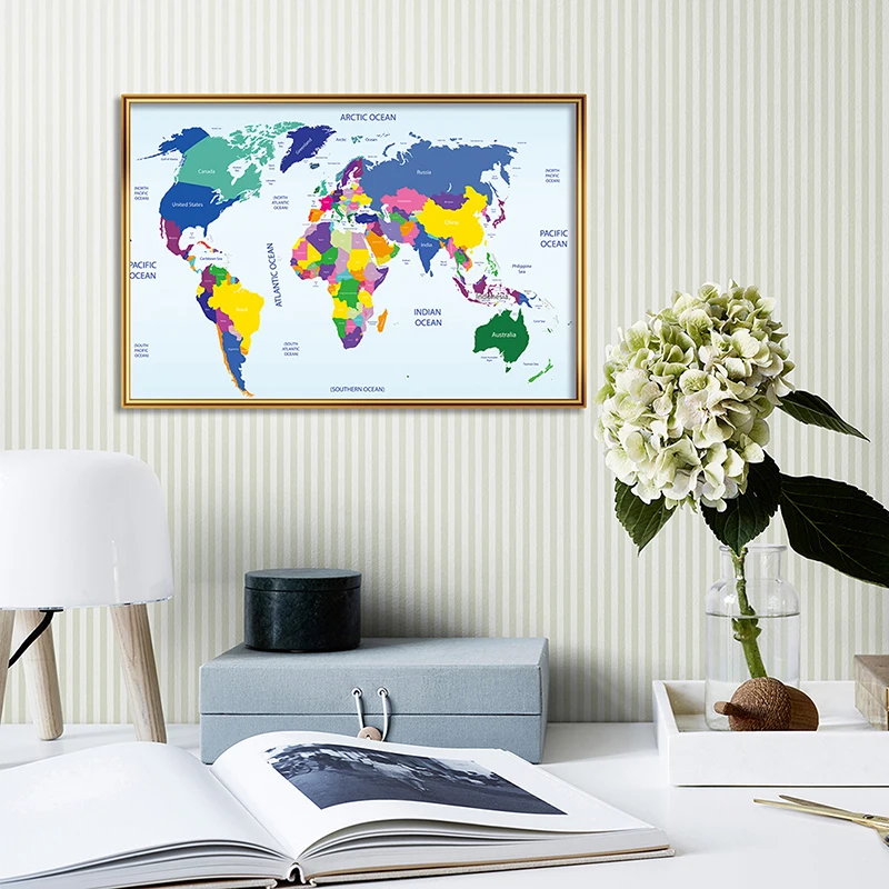 

45*30cm Political Map of The World Spray Canvas Painting Decorative Wall Art Poster School Supplies Living Room Home Decoration