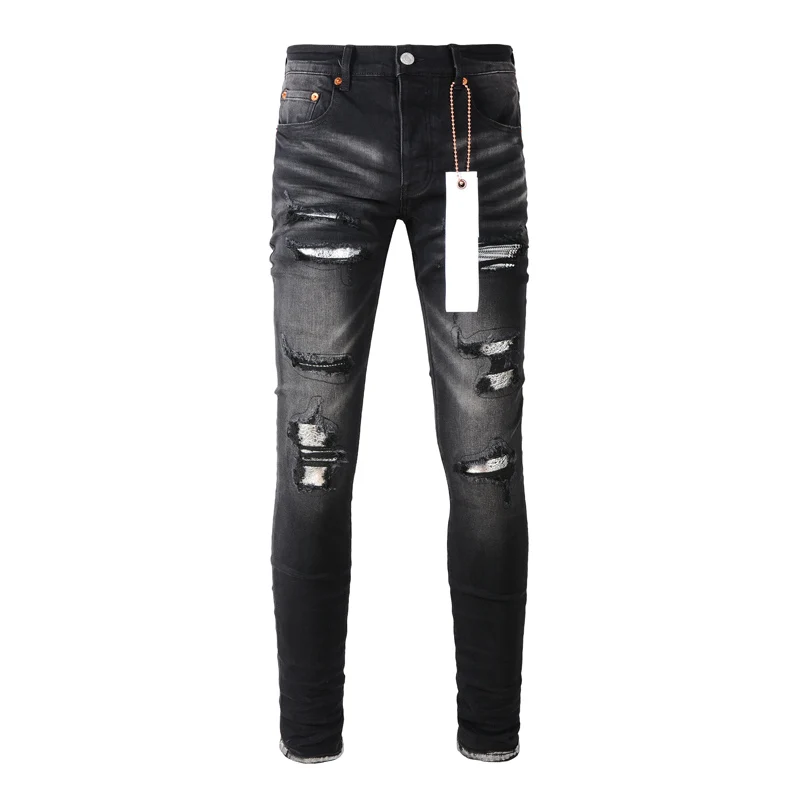 

High Street Fashion Purple Jeans Men Retro Black Gray Stretch Skinny Fit Ripped Jeans Men Patched Designer Hip Hop Brand Pants