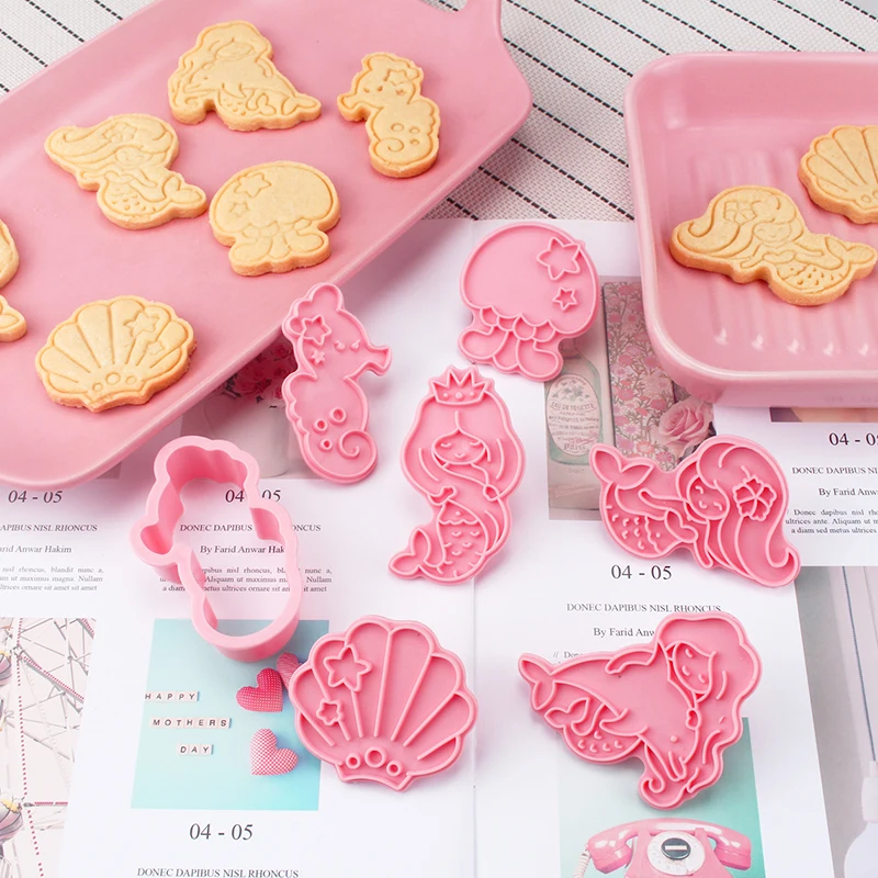 

6Pcs/box Mermaid Shape Set of Cookie Cutters 3D Cartoon Mold Plastic Pressing Fun Baking Molding DIY Mermaid Cookie Mould