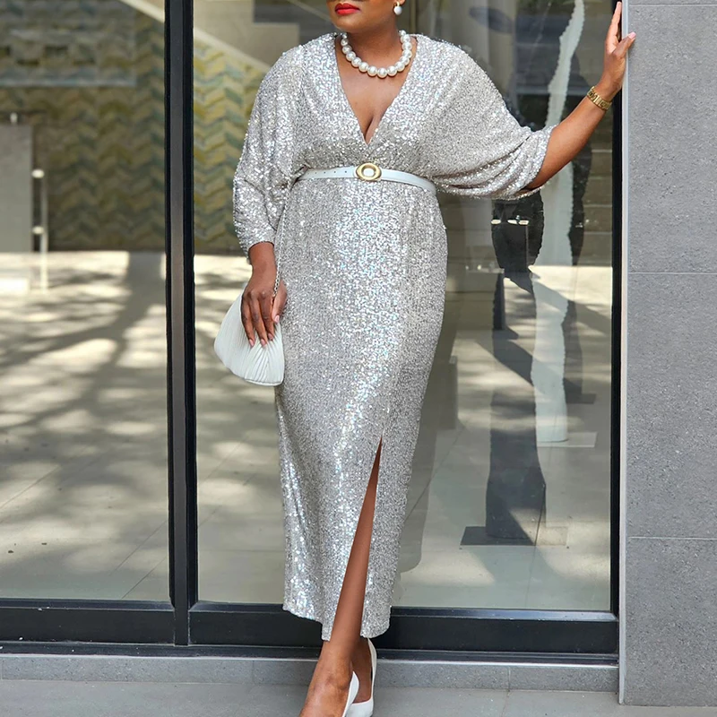 Элегантное вечернее платье с глубоким v-образным вырезом и рукавами 3/4 женское