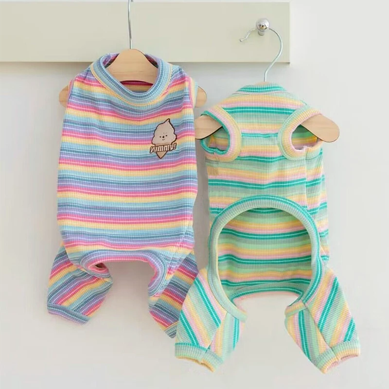 

New Pet Rainbow Four-legged Teddy Striped Pajamas Yorkshire Soft Jumper Summer Dog Clothes Pet Supplies XS-XL